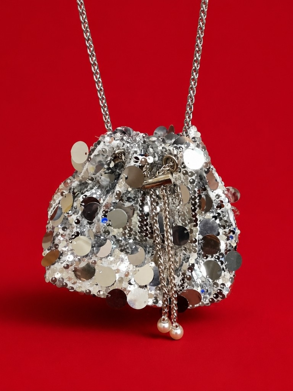 Silver Sequin Drawstring Evening Bag